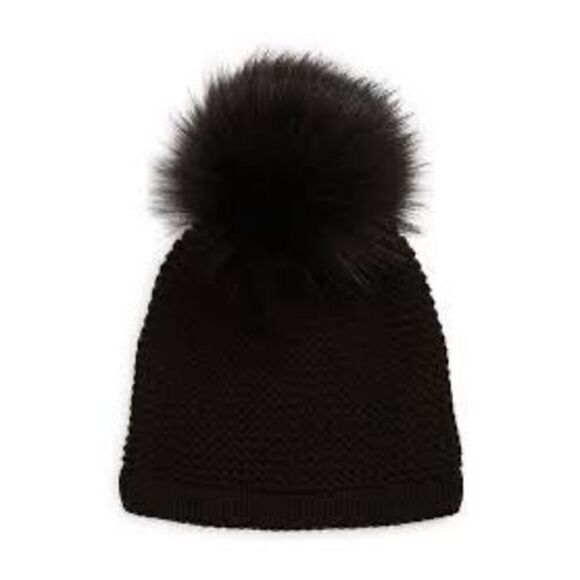 Kyi Kyi Womens Wool Blend Faux Fur Pom-Pom Icon Beanie Hat Black One Size NWT - Picture 1 of 4